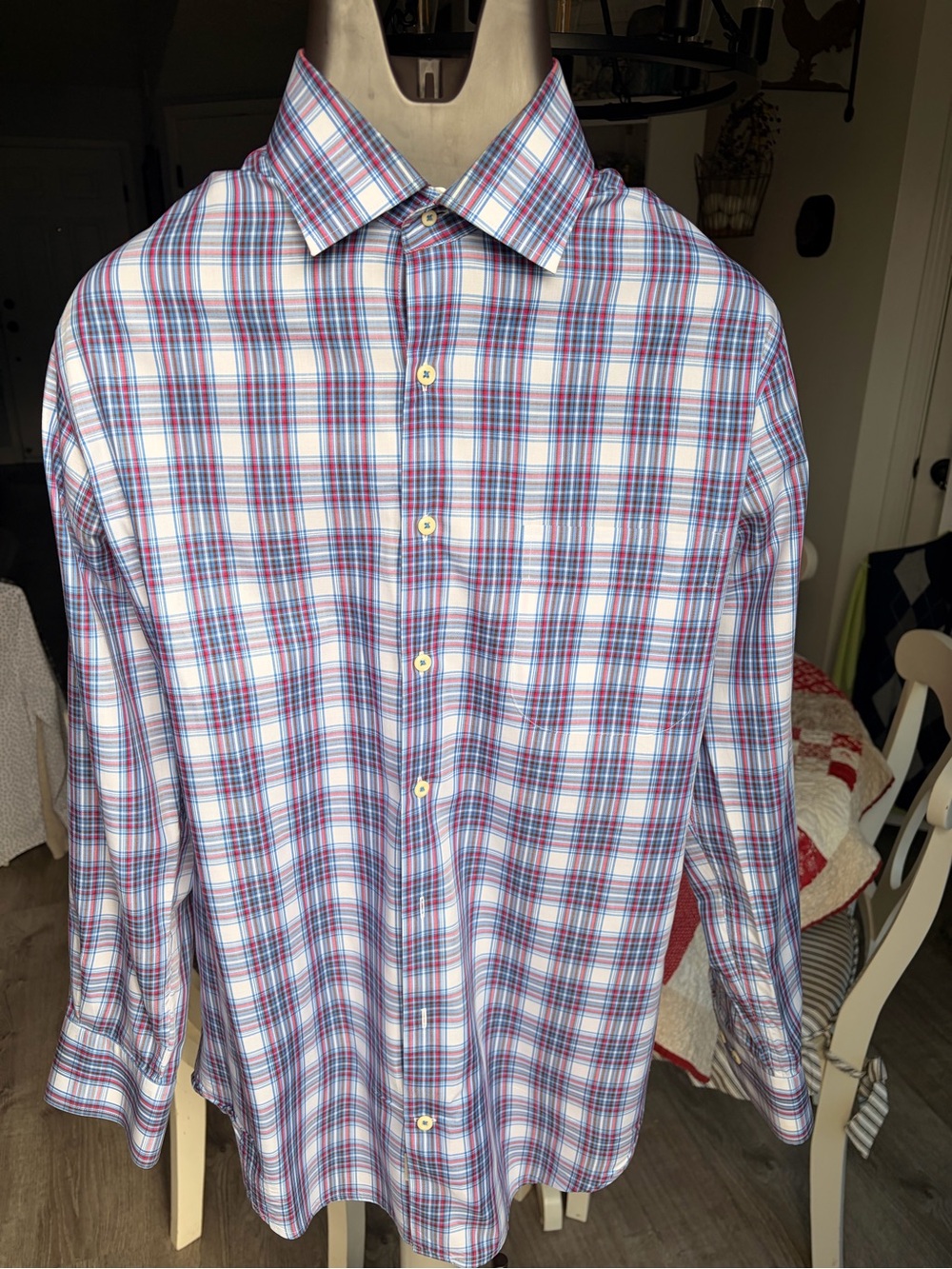 Peter Millar Men's Plaid Dress Shirt in White, Blue & Red